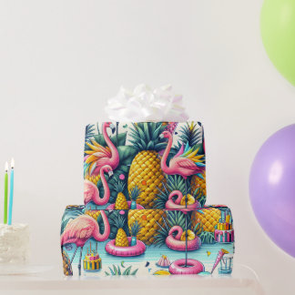 Tropische partij Flamingo's, ananas en ballonnen Cadeaupapier