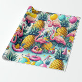 Tropische partij Flamingo's, ananas en ballonnen Cadeaupapier (Uitgerold)