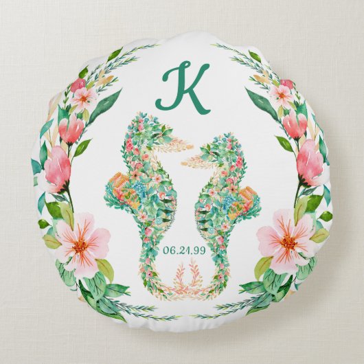 Tropische Passen getrouwd Monogram Bloemen Zeepaar Rond Kussen (Achterkant)