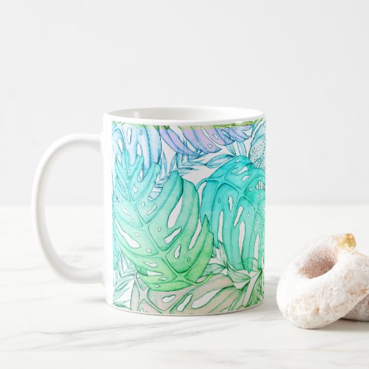 Tropische pastel monstera leaf waterverf koffiemok (Met donut)