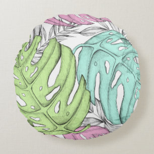 Tropische pastel monstera leaf waterverf rond kussen