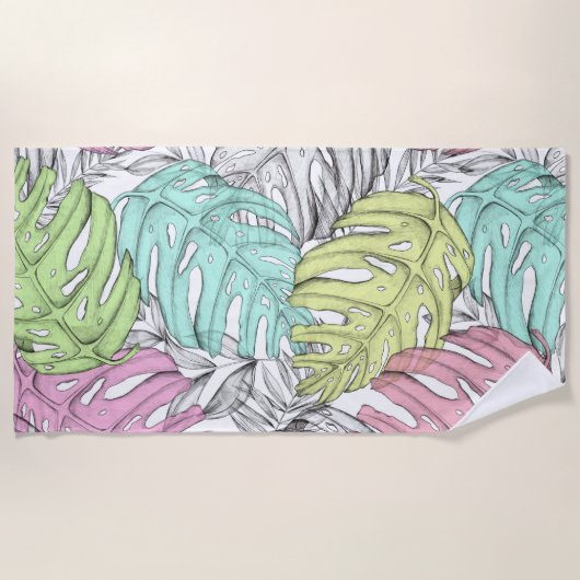 Tropische pastel monstera leaf waterverf strandlaken (Voorkant)
