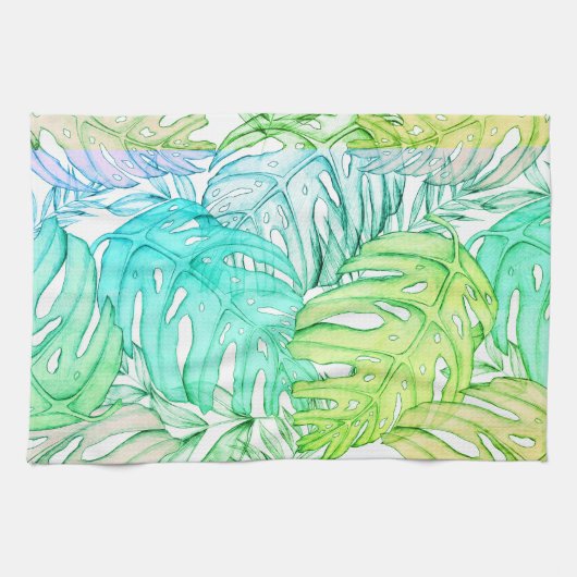 Tropische pastel monstera leaf waterverf theedoek (Horizontaal)