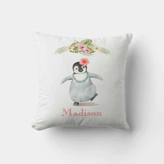 Tropische pastel roze bloemige baby pinguïn kweker kussen (Voorkant)