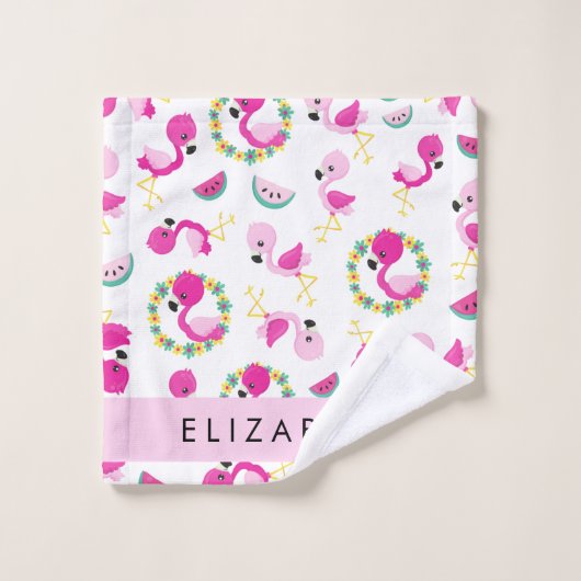 Tropische Patroon, Flamingo's, Bloemen, Jouw naam Bad Handdoek (Wasdoekje)