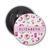 Tropische Patroon, Flamingo's, Bloemen, Jouw naam Button Flesopener (Voorkant)