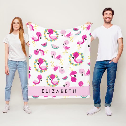 Tropische Patroon, Flamingo's, Bloemen, Jouw naam Fleece Deken (In situ)