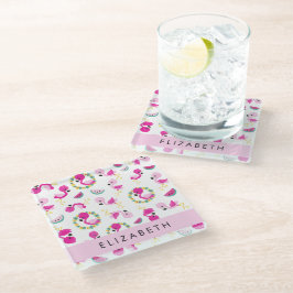 Tropische Patroon, Flamingo's, Bloemen, Jouw naam Glazen Onderzetter
