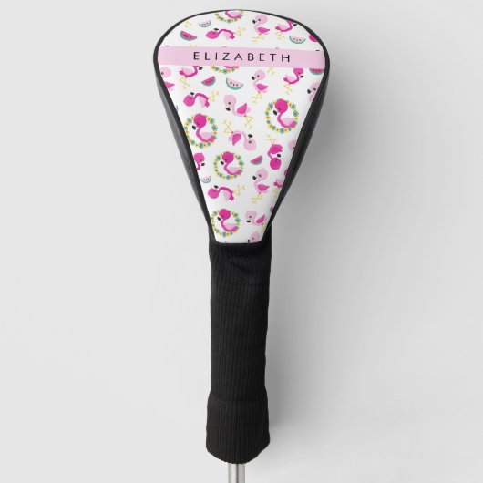 Tropische Patroon, Flamingo's, Bloemen, Jouw naam Golfheadcover (Voorkant)