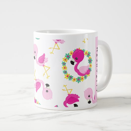 Tropische Patroon, Flamingo's, Bloemen, Jouw naam Grote Koffiekop (Voorkant rechts)