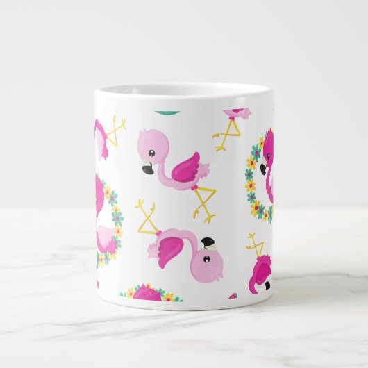Tropische Patroon, Flamingo's, Bloemen, Jouw naam Grote Koffiekop (Voorkant)