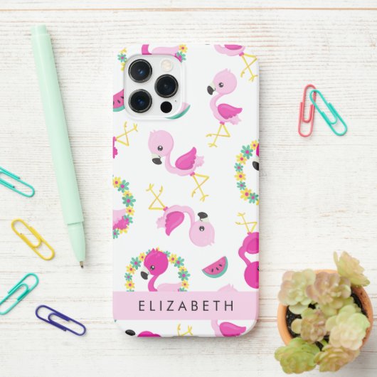 Tropische Patroon, Flamingo's, Bloemen, Jouw naam iPhone Hoesje (Op bureau)