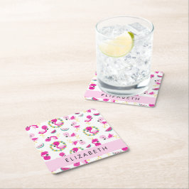 Tropische Patroon, Flamingo's, Bloemen, Jouw naam Kartonnen Onderzetters