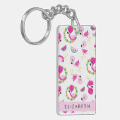 Tropische Patroon, Flamingo's, Bloemen, Jouw naam Sleutelhanger (Voorkant Links)
