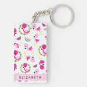 Tropische Patroon, Flamingo's, Bloemen, Jouw naam Sleutelhanger (achterkant)