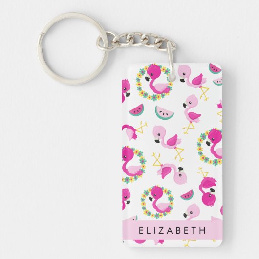 Tropische Patroon, Flamingo's, Bloemen, Jouw naam Sleutelhanger (Voorkant)