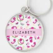 Tropische Patroon, Flamingo's, Bloemen, Jouw naam Sleutelhanger (Voorkant)