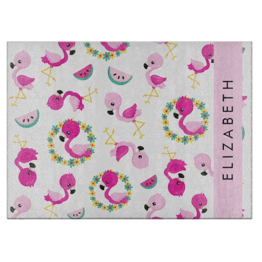 Tropische Patroon, Flamingo's, Bloemen, Jouw naam Snijplank (Voorkant)