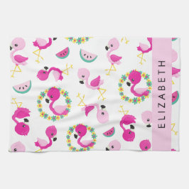 Tropische Patroon, Flamingo's, Bloemen, Jouw naam Theedoek