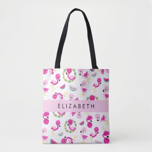 Tropische Patroon, Flamingo's, Bloemen, Jouw naam Tote Bag (Voorkant)