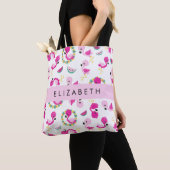 Tropische Patroon, Flamingo's, Bloemen, Jouw naam Tote Bag (Dichtbij)