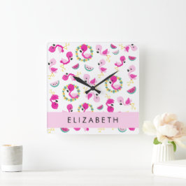 Tropische Patroon, Flamingo's, Bloemen, Jouw naam Vierkante Klok