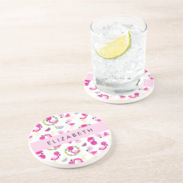 Tropische Patroon, Flamingo's, Bloemen, Jouw naam Zandsteen Onderzetter