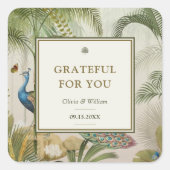 Tropische pauw palm dankbaar voor je bruiloft vierkante sticker (Voorkant)