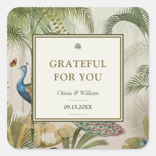 Tropische pauw palm dankbaar voor je bruiloft vierkante sticker (Voorkant)