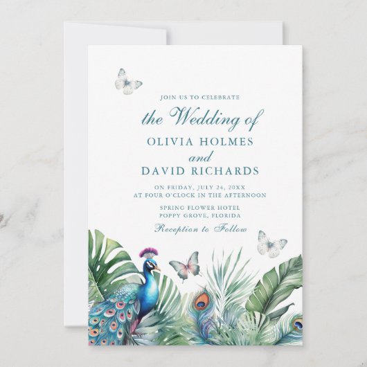 Tropische pauw veren vlinders bruiloft kaart (Voorkant)