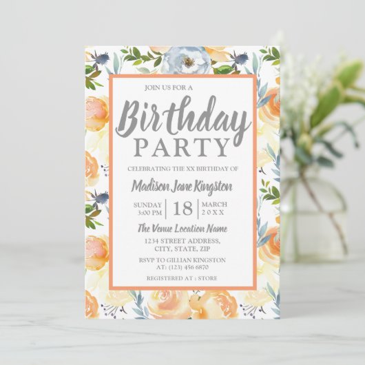 Tropische Peach Grey Summer Spring Birthday Kaart (Staand voorkant)