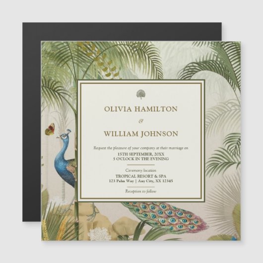 Tropische Peacock Palm bruiloft uitnodiging magnee (Voorkant / Achterkant)