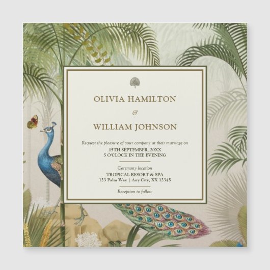 Tropische Peacock Palm bruiloft uitnodiging magnee (Voorkant)