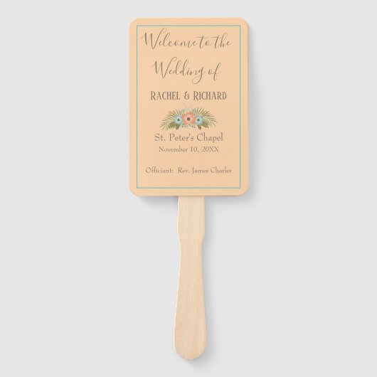 Tropische perzik en Blauwgroen huwelijksprogramma Handwaaier (Voorkant)