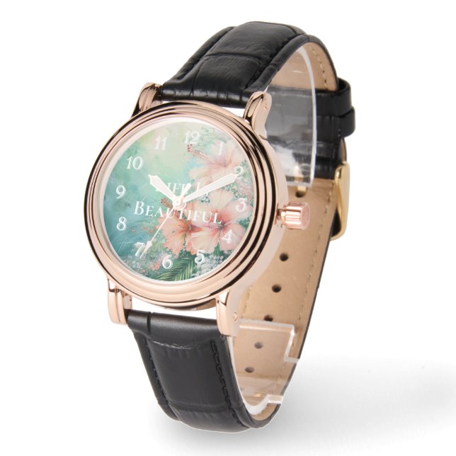 Tropische Perzik Witte Hibiscus Bloemen Horloge (Hoek)