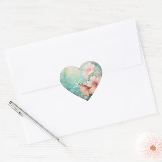 Tropische Perzik Witte Hibiscus Bloemen Huwelijk Hart Sticker (Envelop)