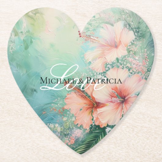 Tropische Perzik Witte Hibiscus Bloemen Huwelijk Kartonnen Onderzetters (Voorkant)