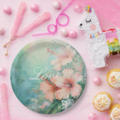 Tropische Perzik Witte Hibiscus Bloemen Huwelijk Papieren Bordje (Feest)