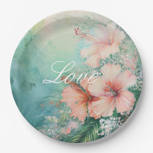 Tropische Perzik Witte Hibiscus Bloemen Huwelijk Papieren Bordje (Voorkant)