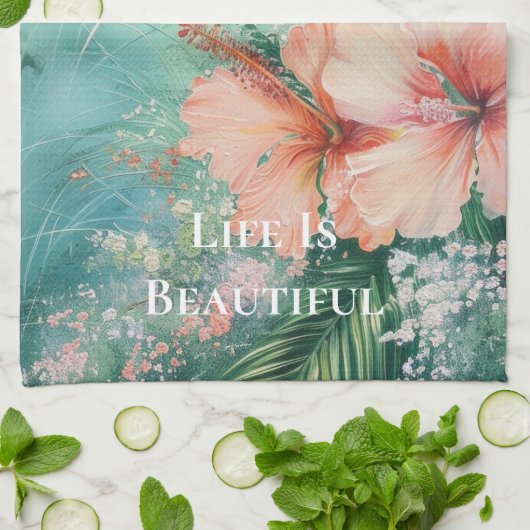 Tropische Perzik Witte Hibiscus Bloemen Theedoek (Gevouwen)