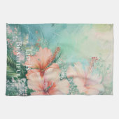Tropische Perzik Witte Hibiscus Bloemen Theedoek (Horizontaal)