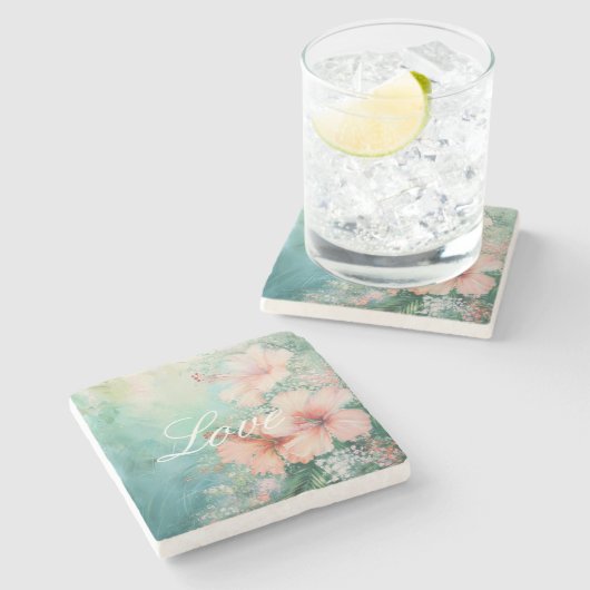 Tropische Perzik Witte Hibiscus Bloemliefde Stenen Onderzetter (Zijkant)