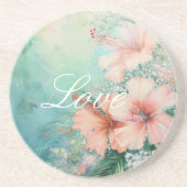 Tropische Perzik Witte Hibiscus Bloemliefde Zandsteen Onderzetter (Voorkant)