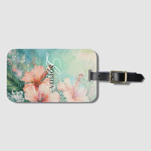 Tropische Perzik Witte Hibiscus Bloemrijke Liefde  Bagagelabel (Voorkant (horizontaal))