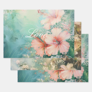 Tropische Perzik Witte Hibiscus Bloemrijke Liefde Inpakpapier Vel