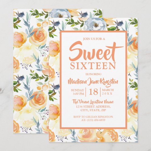Tropische perzik zomer lente Sweet 16 uitnodiging (Voorkant / Achterkant)