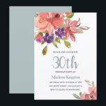 Tropische Perzikbloemen 30th Birthday Party Invite Kaart<br><div class="desc">Tropische Peach Flowers 30th Birthday Party nodigt mooie zalm uit voor Paarse Floral Waterverf Blauwgroen achtergrond. Zie overeenkomend collectie in niche en nestwinkel</div>