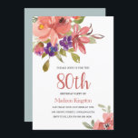 Tropische Perzikbloemen 80th Birthday Party Invite Kaart<br><div class="desc">Tropische Peach Flowers 80th Birthday Party nodigt mooie zalm uit voor Paarse Floral Waterverf Blauwgroen achtergrond. Zie overeenkomend collectie in niche en nestwinkel</div>