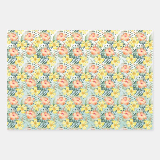 Tropische perzikkleurige gele hibiscusbloemen Mint Inpakpapier Vel (Voorkant 2)