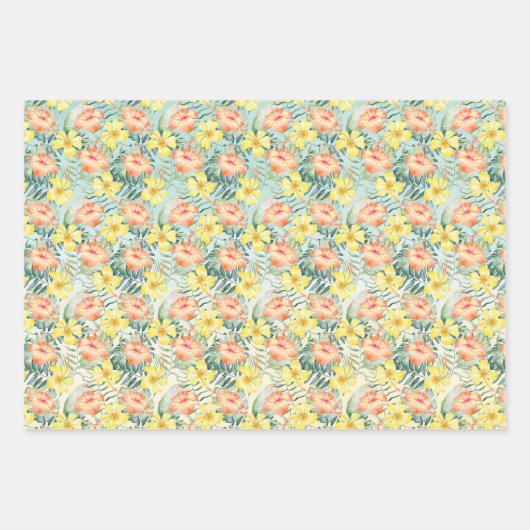 Tropische perzikkleurige gele hibiscusbloemen Mint Inpakpapier Vel (Voorkant)